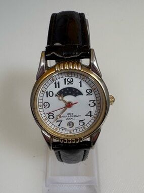 Vintage Women's WHITE STAG Moon Phase Gold Tone Classic Watch, Black Leather